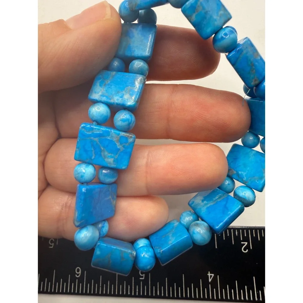 Blue Turquoise Stone Stretch Bracelet Block‎ Round Bead Southwestern Style
